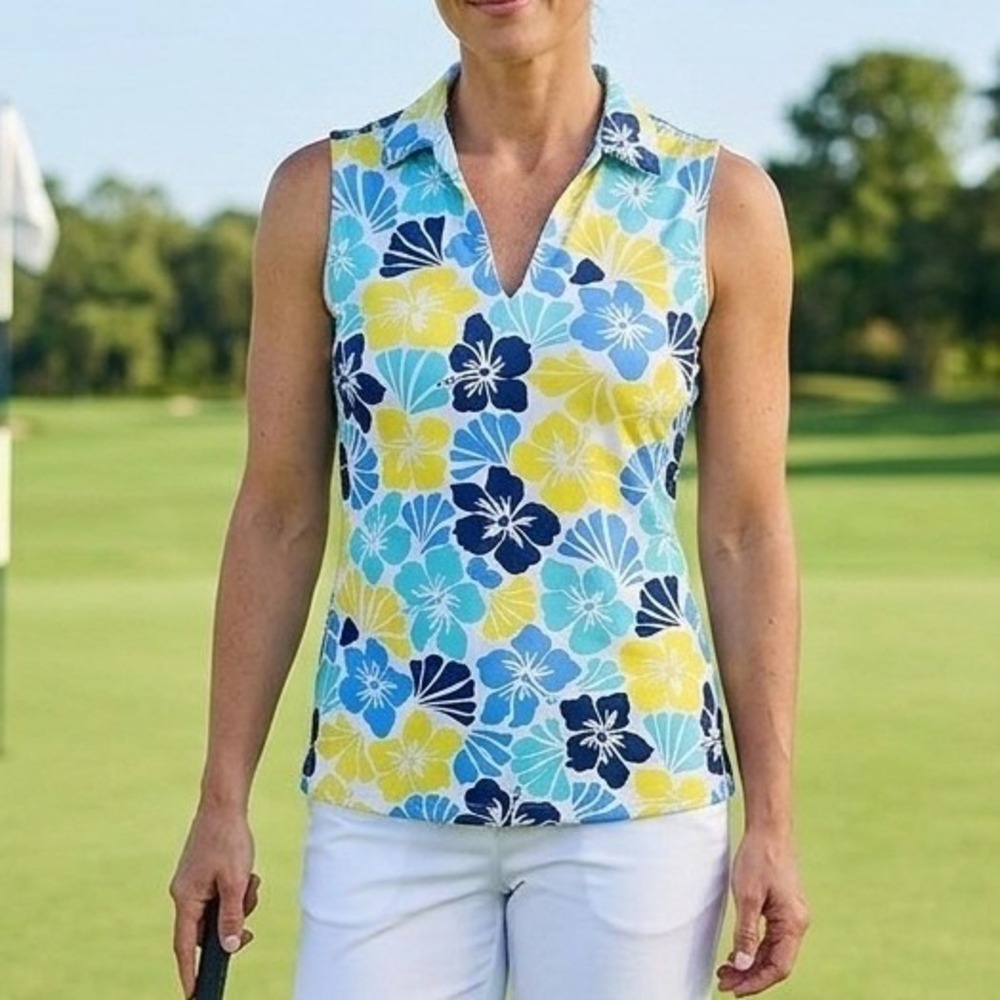 J.McLaughlin Aida Knit Top Women M  Navy Yellow Beach Floral Golfcore Resortwear
